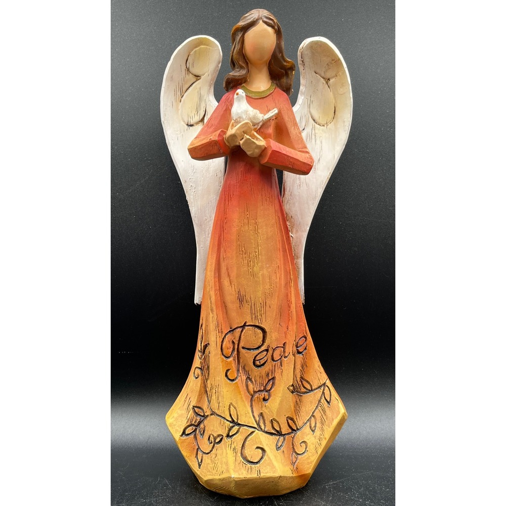 St Nicholas Square Peace Angel Figurine Resin Wood Look Dove Orange Yellow 10.5"
